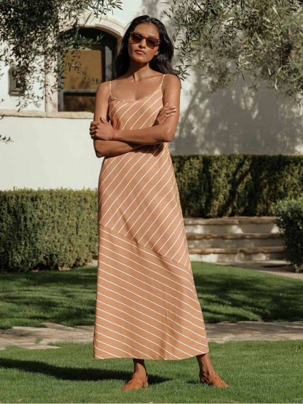 JENNI KAYNE Kendall Slip Dress in Striped Camel & White Colorway Size XS VGUC